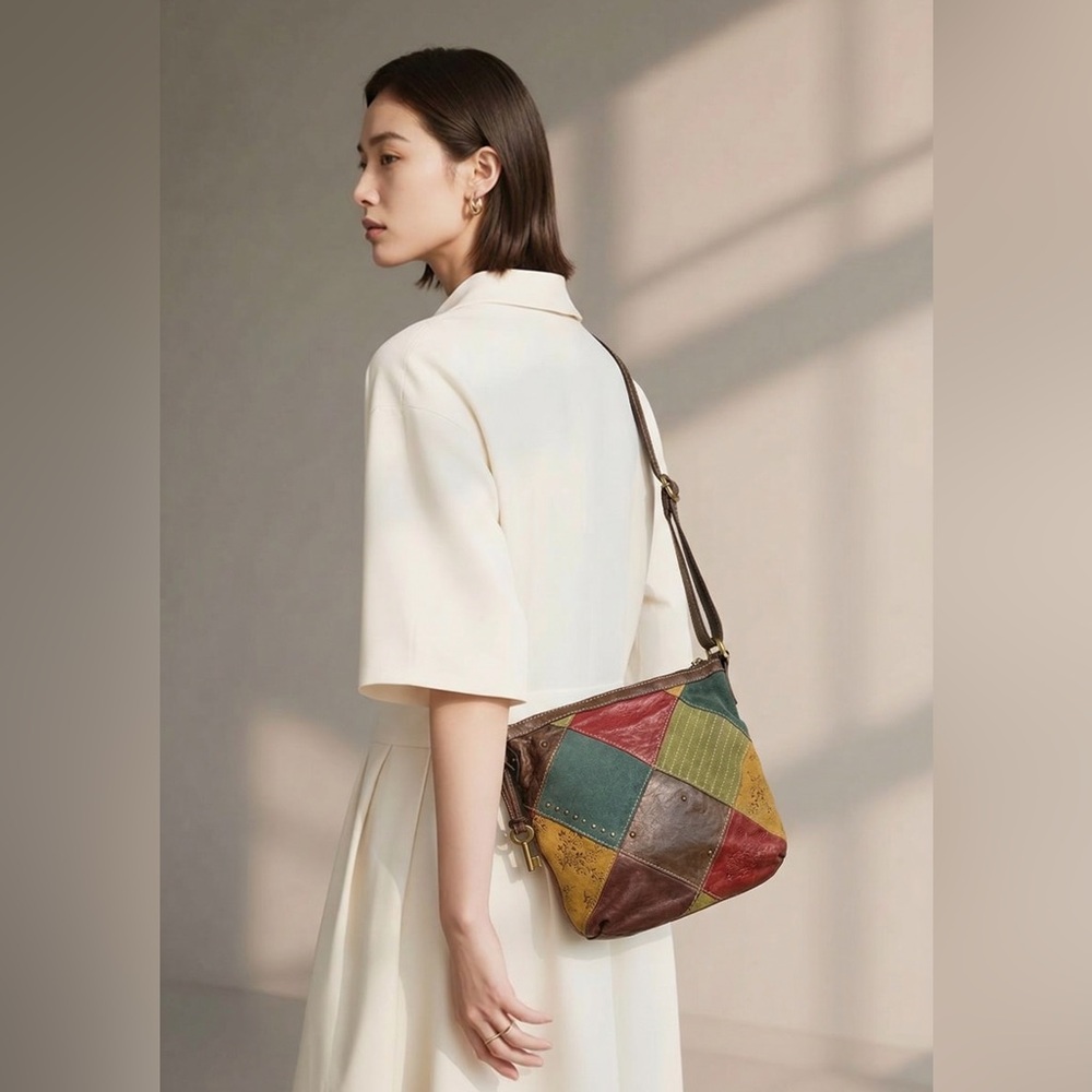 Fossil Multicolor Patches Suede w/ Tooled Floral Crossbody Bag Slingback